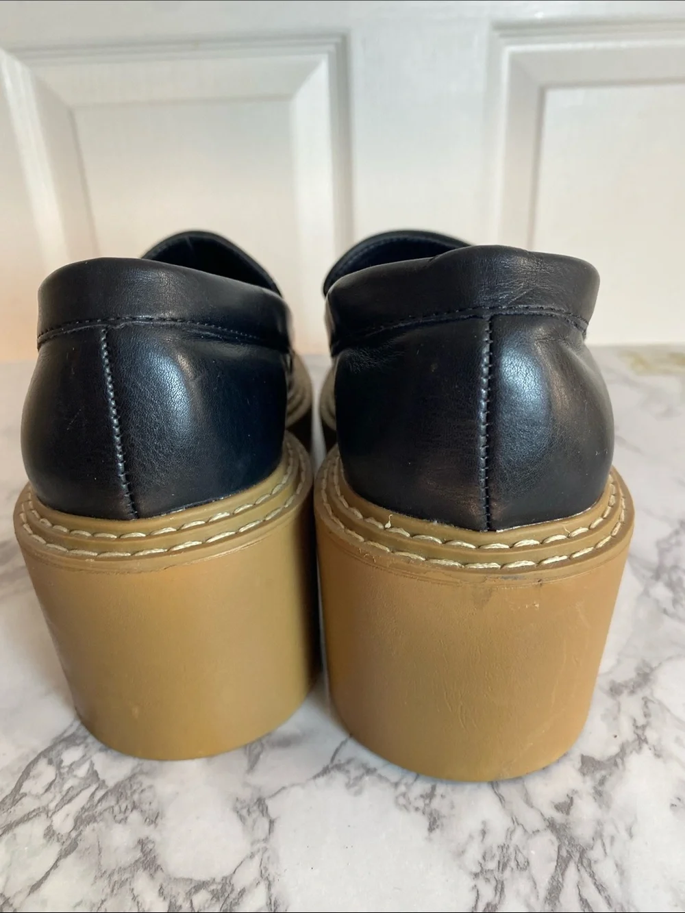 ShuShop Black Leather Platform Penny Loafers with Tan Sole Size 8.5 Chunky Block